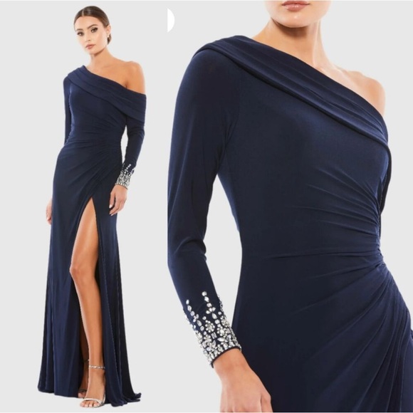 MAC DUGGAL BEADED CUFF DROP SHOULDER GOWN DRESS NAVY free shipping - Picture 2 of 8